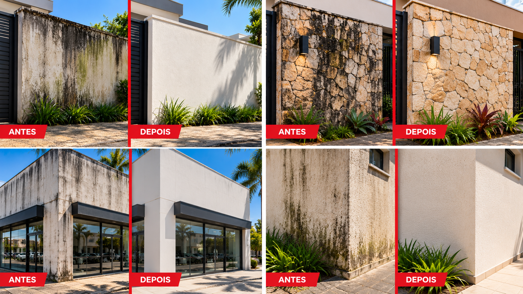 Antes e depois da limpeza de muros, pedras e fachadas residenciais e comerciais em Uberlândia